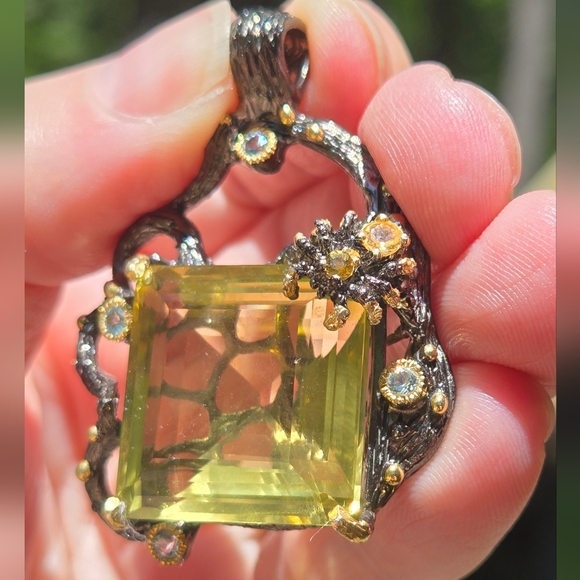 Citrine HUGE 52K & Aquamarine Gemstone Sterling Rhodium & Gold Pendant - Picture 4 of 11